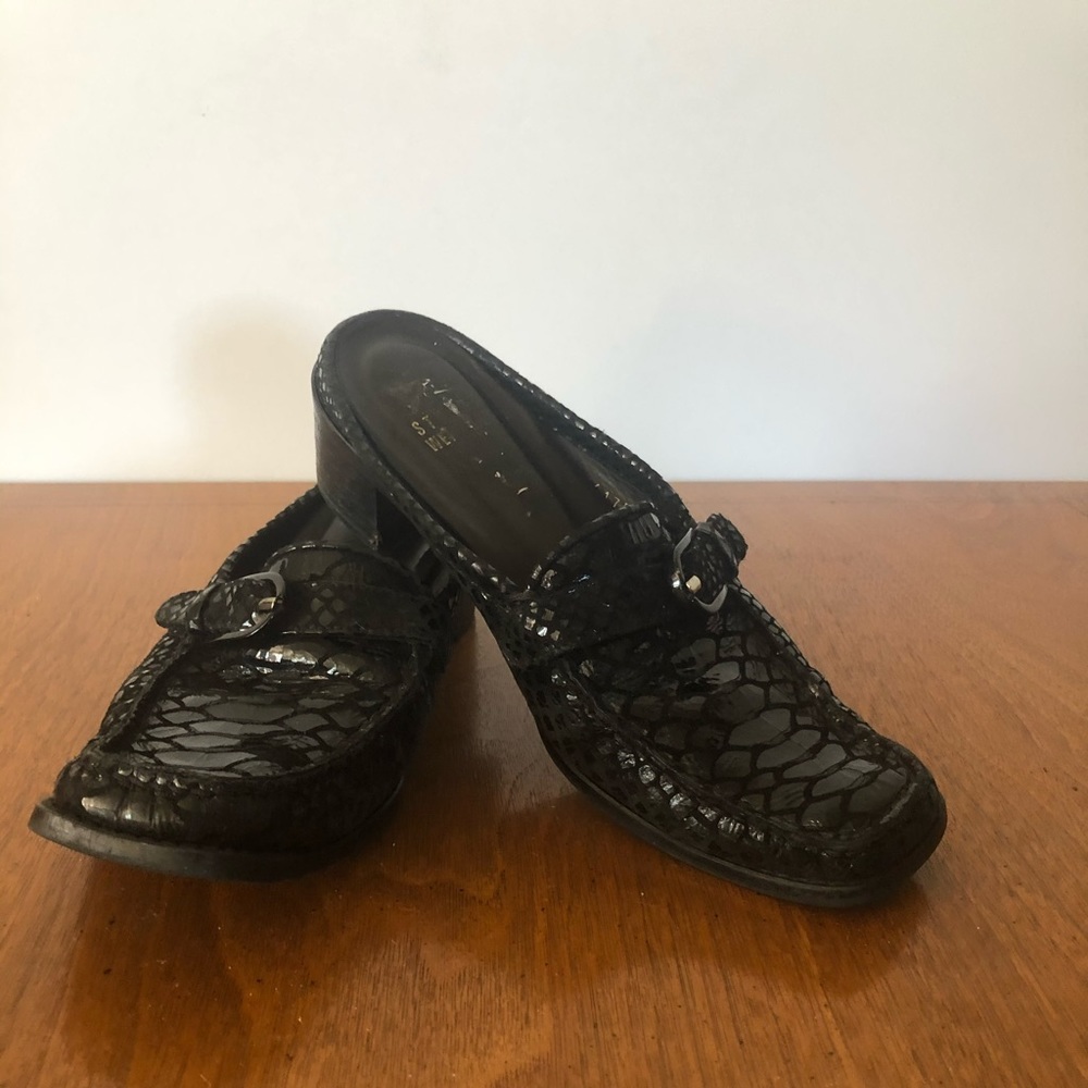 Stuart Weitzman Patent Leather Buckle Accent Mules